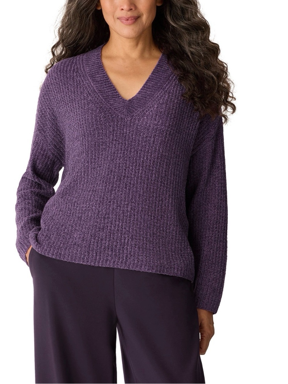 Eileen Fisher Chenille cotton blend V-Neck Ribbed Knit purple sweater New LARGE